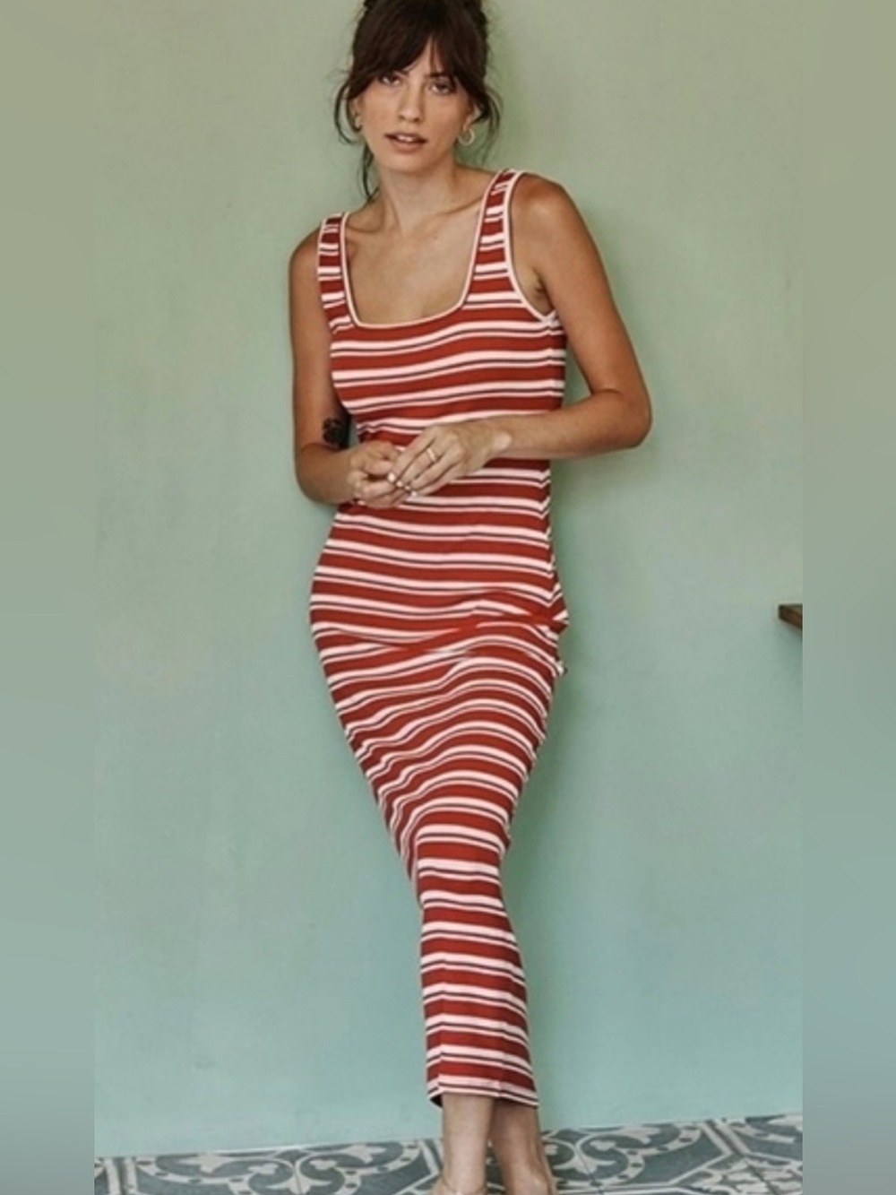 Summersalt Softest Ribbed Sleeveless Maxi Dress Red White Striped square Large